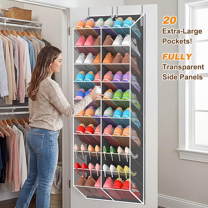20-30 Pairs Over the Door Shoe Organizer, Breathable Mesh Pocket Hanging Shoe Storage for Closet, 10-Tier Door Shoes Rack, Ha