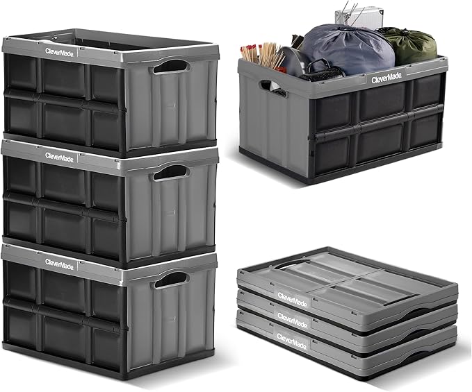CleverMade Collapsible Storage Bins 62L (3-Pack) – Heavy Duty Collapsible Plastic Storage Bins, Large Stackable Folding Stora