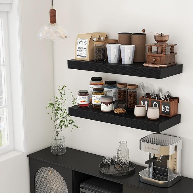 30 Inch Floating Shelves | 12 Inch Deep Black Floating Shelves Set of 2 | 30" W x 12" D Rustic Wood Shelves for Wall | Deep B