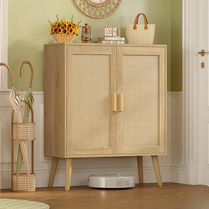 Iwell Storage Cabinet with 2 Shelves, Rattan Cabinet with 2 Doors, Sideboard Buffet Cabinets with Storage for Living Room, Di