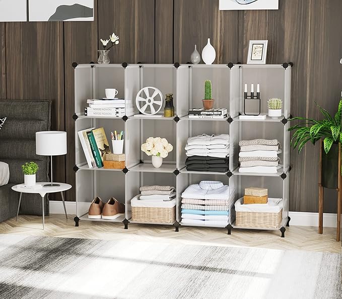 AWTATOS Cube Storage Organizer Storage 12 Cube Bookshelf DIY Plastic Closet Storage Shelves with Wooden Mallet, Ideal Storage