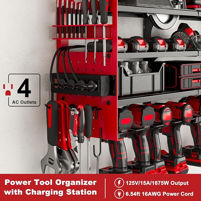 12 Cordless Drill Holder Large Power Tool Organizer Wall Mount with Side Pegboard & Screwdriver Holder, 4-Tier Heavy Duty Met