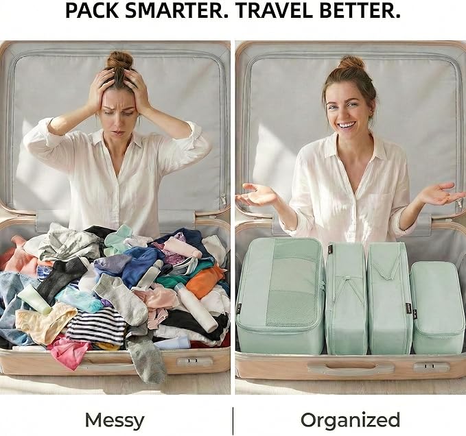 4 Piece Compression Packing Cubes for 3–7 Day Travel, Lightweight Travel Organizers with Breathable Mesh, Double-Zipper Packi