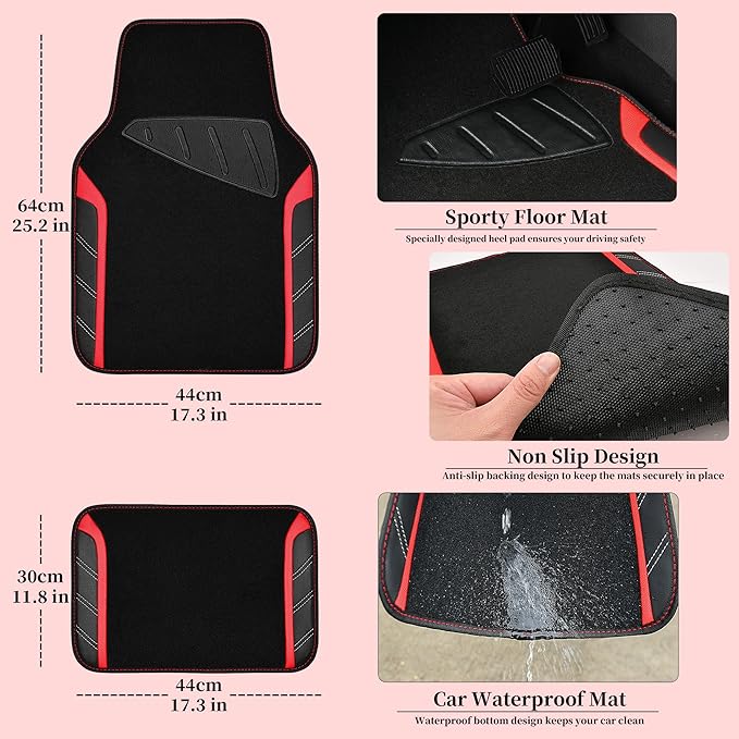 CAR PASS Air Mesh Leather Car Seat Covers for Front Seats, Waterproof Car Floor Mats, Sporty Steering Wheel Cover, Universal 