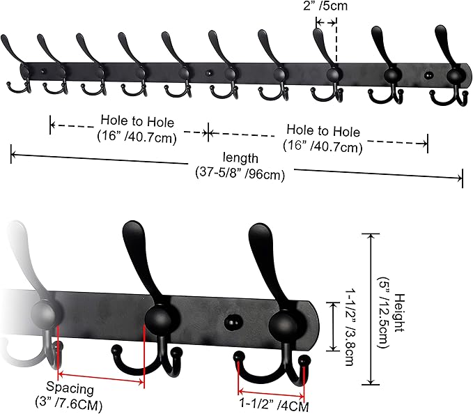 Dseap Coat Rack Wall Mount - 38” Long 10-Tri-Hooks Heavy Duty Coat Hanger Rail Wall Hooks for Hanging Coats Hats Clothing Clo