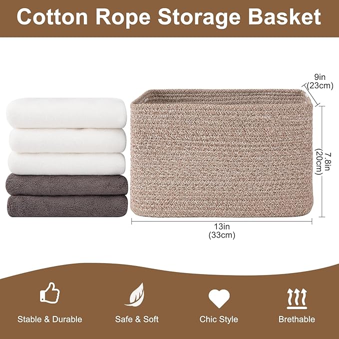 OIASKET Storage Baskets for Organizing, Woven Decorative Baskets for Shelves - Books, Towels, and Clothes, Cotton Rope Toy St