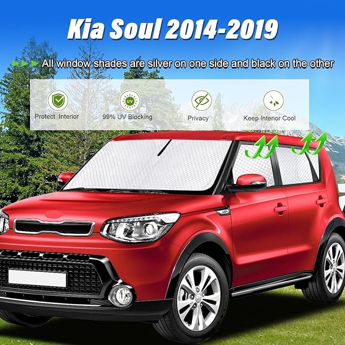 KMF Thicken Sun Shades for Kia Soul 2014-2019 Accessories, Full Car Window Covers Sunshade for Windshield Side Rear, UV Block and Privacy Blackout for Camping Outdoor