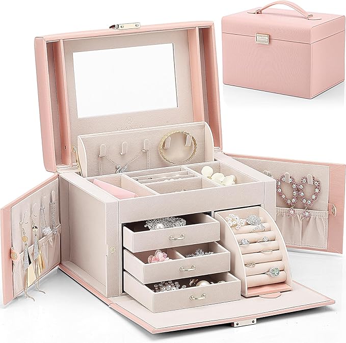 Vlando Jewelry Box Organizer for Girls Women, Large Baroque Jewelry Holder Organizer with Mirror, 3 Drawers for Bracelets, Ea