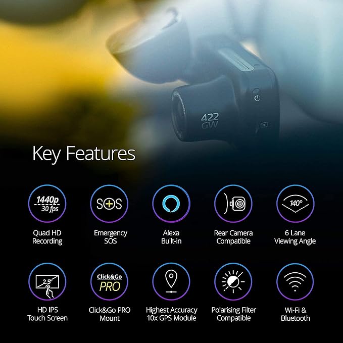 Nextbase 422GW Dash Cam Front and Rear Camera with App- Full 1440p/30fps Quad HD Small in Car- WiFi Bluetooth GPS- Alexa Voic