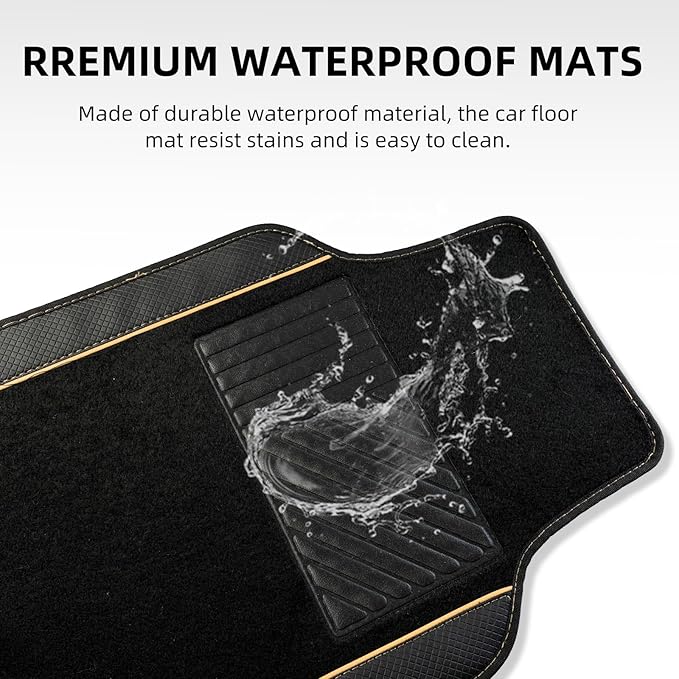NBTEPEM Waterproof Universal Fit Car Floor Mats, Faux Leather Sporty Car Carpet Mats with Anti-Slip Nibbs Backing & Driver Heel Pad Fit for SUV, Vans, Sedans, Trucks, Set of 4 (Black with Beige line)