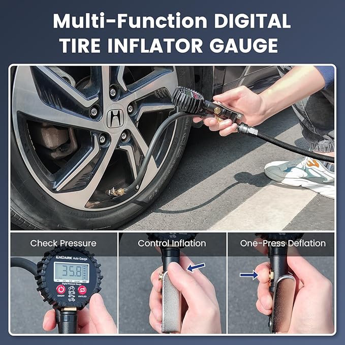 Digital Tire Pressure Gauge with Inflator: ENDARK 250 PSI Air Compressor Attachment Inflation Gun with Heavy Duty 360° Air Chuck & Extended Hose and Quick Connect Coupler