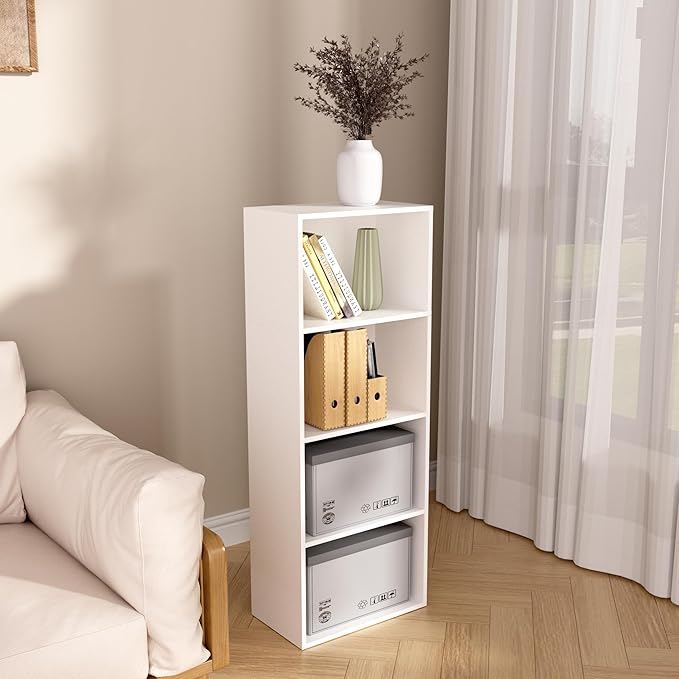 Wooden 4 Cube Storage Organizer, 4 Tier Tall Modern Bookshelf Freestanding Storage Display Organizer, Versatile Cubes Shelf a