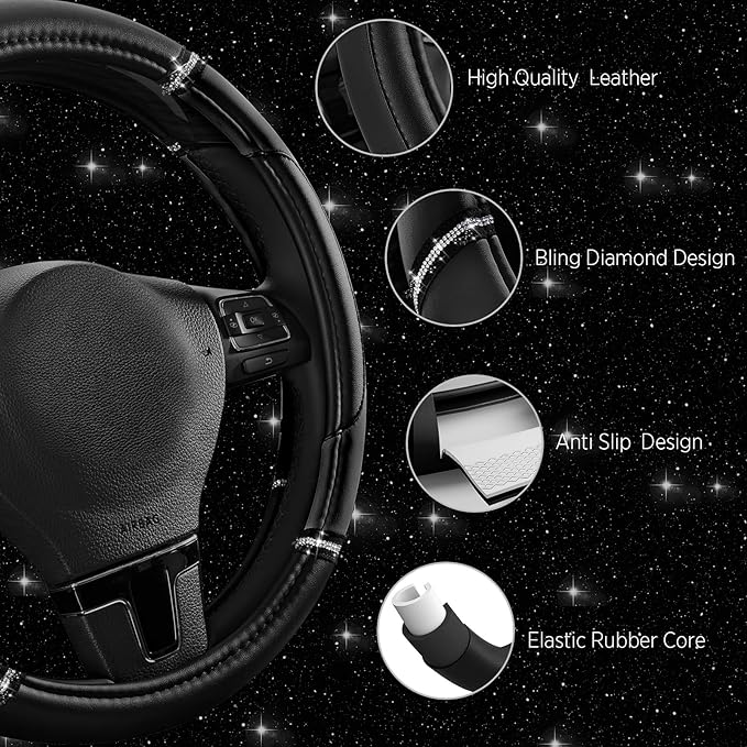 Road Comforts Leather Steering Wheel Cover - Made with PVC Leather - Anti-Slip, Universal Fit 14 1/2 inches to 15 inches - Bl