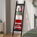 Hzuaneri Blanket Ladder for Living Room, Decorative Quilt Rack with 4 Removable Hooks, 6-Tier Farmhouse Ladder Holder Shelf O