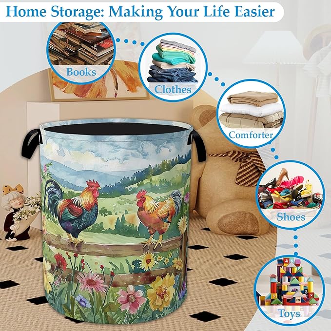 Rooster Laundry Hamper Farm Floral Laundry Basket Collapsible Portable Clothes Toy Storage Bin for Bathroom Bedroom Room Deco