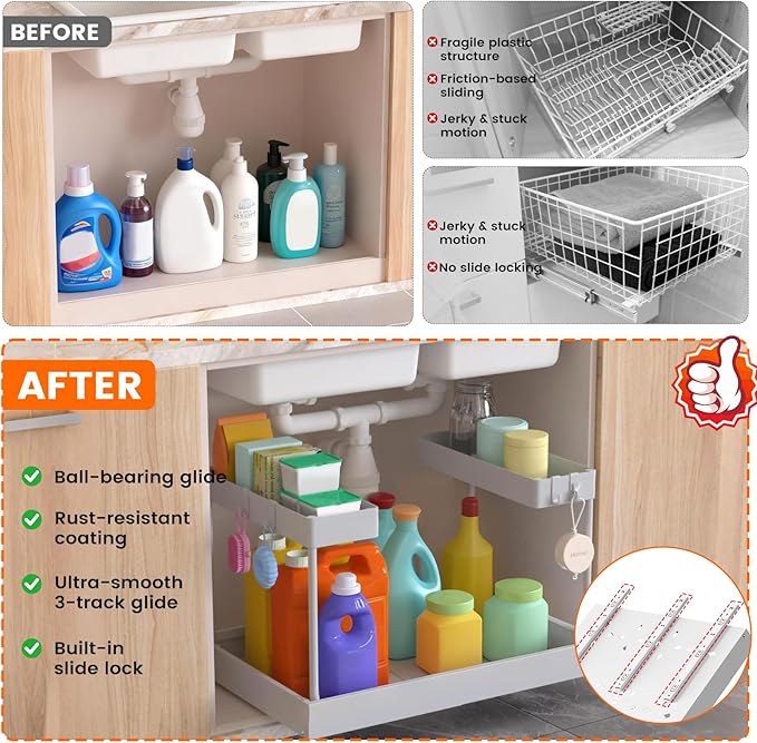 Expandable Under Sink Organizers and Storage,Width Adjustable (14.9-23.6IN),No Drill 2-Tier Pull Out Under Cabinet Organizer 