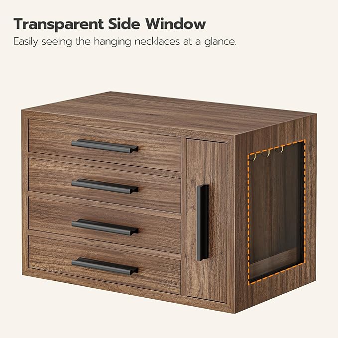 HOOBRO Jewelry Box for Women, Wooden Jewelry Organizer with Transparent Window, 4-Layer Jewelry Organizer Box, Jewelry Holder
