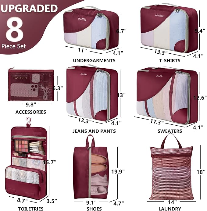 8 Set Packing Cubes for Travel, Gifts for Women Mom,Anti-Tearing Suitcase Organizer for Luggage with Shoe & Hanging Toiletry 
