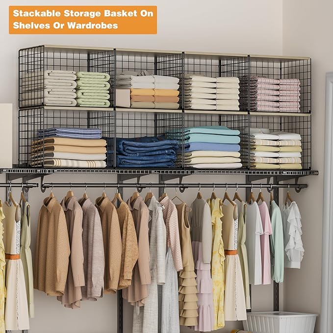 Extra-Long Closet Organizers and Storage with Top Board, 3 Pack Stackable Closet Shelf Organizer, Double Storage Design Cloth