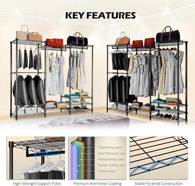 KAXIWEI Portable Closet Wardrobe – Heavy-Duty Freestanding Clothes Rack with 4 Hanging Rods & 8 Shelves, Adjustable Clothing 