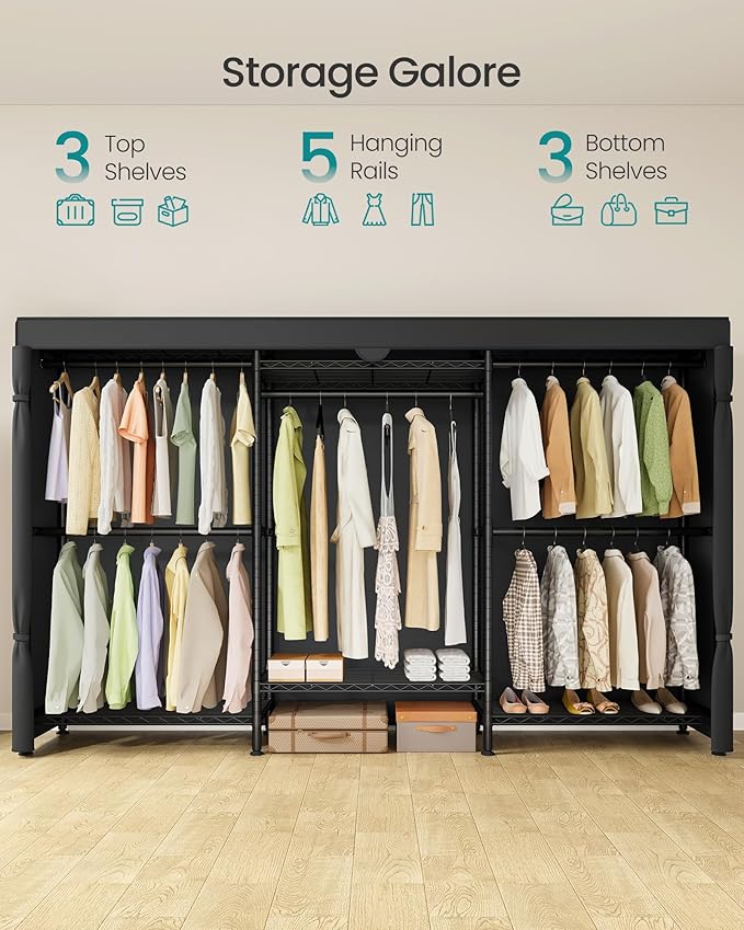 SONGMICS Heavy-Duty Rolling Clothes Rack, Garment Rack, Portable Closet on Wheels, with Adjustable Mesh Shelves and Hanging R