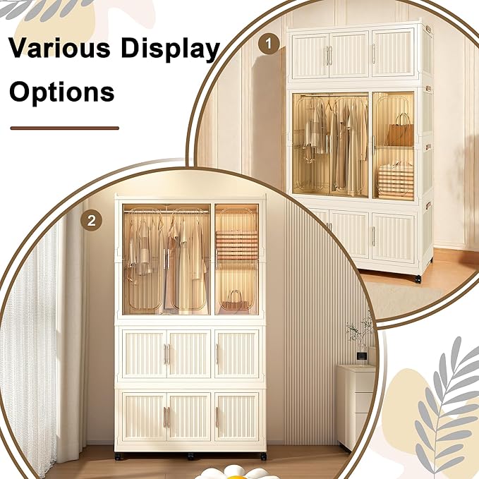 Portable Closet Wardrobe with Magnetic Doors, Foldable Armoire Wardrobe Closet with 1 Hanging Rod, 9 Cubes and 6 Hangers, Clo