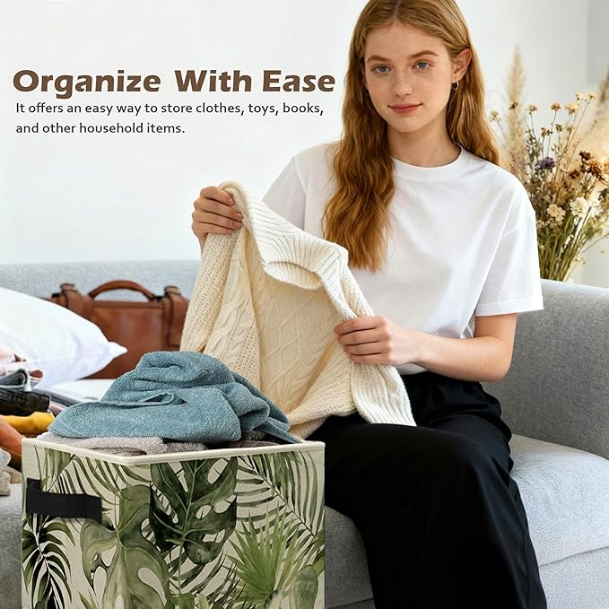 Boho Tropical Botanical Storage Box Bins, Green Monstera Palm Plant Leaf Collapsible Storage Basket Organizer for Bedroom Lau