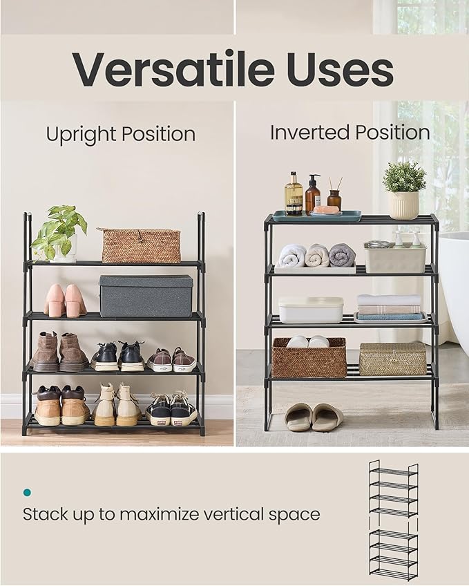 SONGMICS Shoe Rack, 4-Tier Shoe Organizer, Metal Storage Shelf, Upright or Upside Down, for 10-15 Pairs, Stackable, for Entry