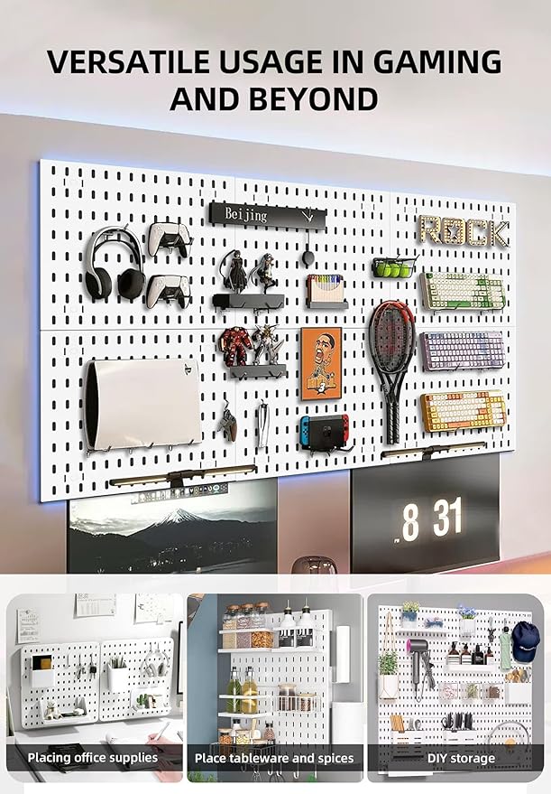 Pegboard Wall Organization Accessories Pack - 25 Pieces of White Hooks, Storage Bins & Fastening Strips (White)