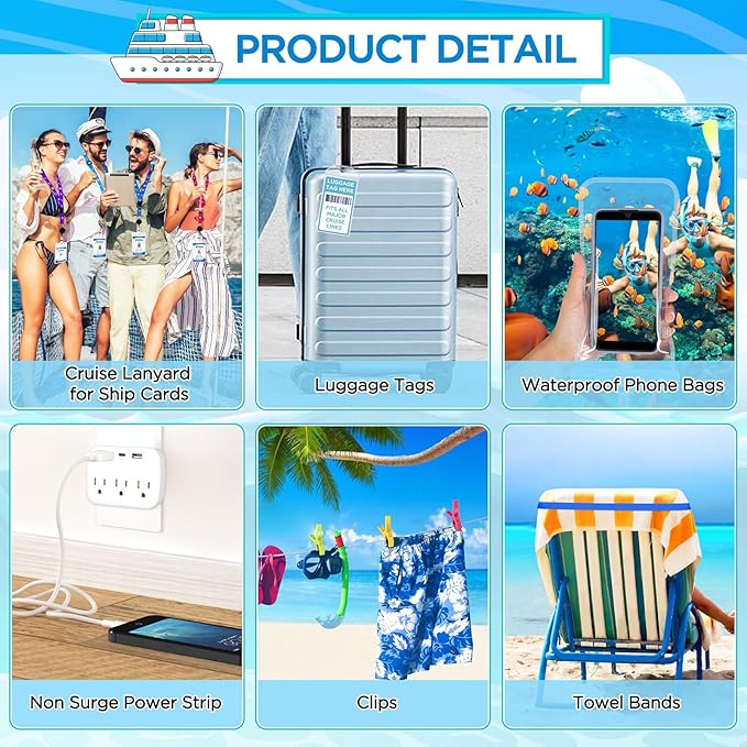 Cruise Essentials Kit Must Haves Set Include Cruise Luggage Tags Holder, Cruise Lanyards, Cruise Power Strip, Towel Bands and