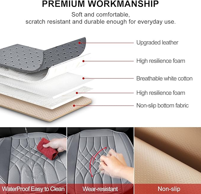1-Pack Leather Front Car Seat Covers - Bottom Car Seat Covers Fully Wrapped, Non-Slip and Waterproof, Fits Most Vehicles Gray