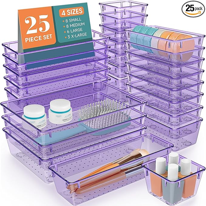 StorMiracle 25 PCS Drawer Organizer Set, 4 Varied Size Bathroom and kitchen Drawer cabinet organizer Trays, Clear Storage Bin