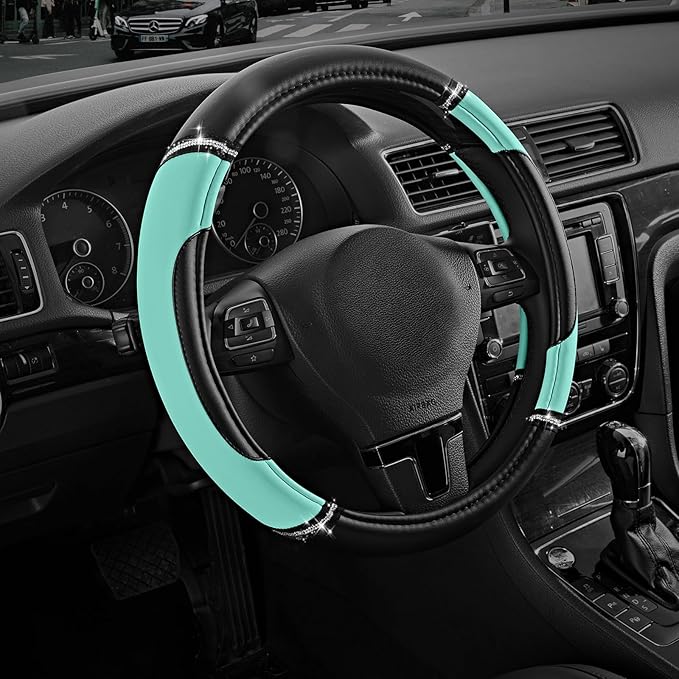 Road Comforts Leather Steering Wheel Cover - Made with PVC Leather - Anti-Slip, Universal Fit 14 1/2 inches to 15 inches - Mi