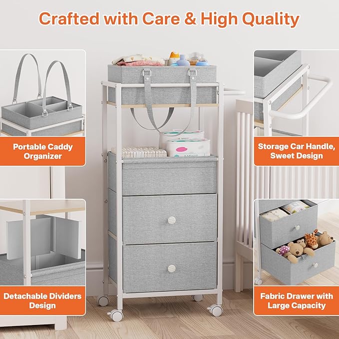 Modanais Baby Diaper Caddy Organizer Cart with Drawers - 3In1 Rolling Storage Cart with Wheels, Removable Diaper Caddy, Detac