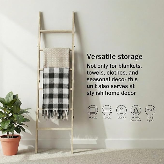 Blanket Ladder for Living Room 6-Tier, Wooden Decorative Quilt Holder for Bed Room, Wall-Leaning Towel Rack for Bathroom, Dec
