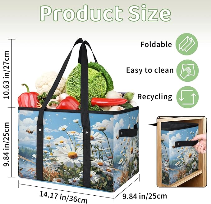 Reusable Grocery Bags Heavy Duty Shopping Bags Foldable Large Tote Bags with Long Handles & Hard Bottom