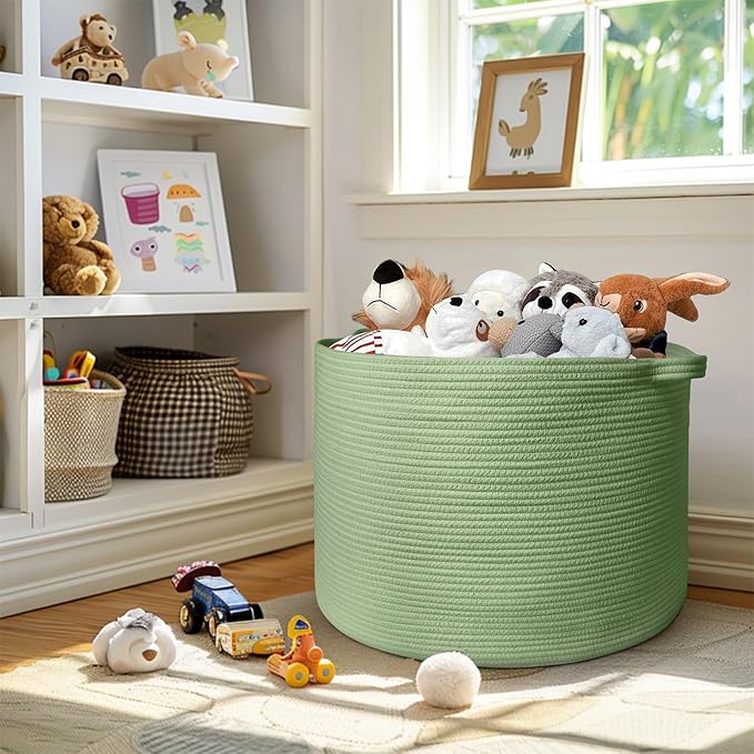 MEGASKET 115L Oversized Green Basket, 23.6"x15.7" Woven Cotton Rope Bin for Blankets, Nursery Wicker Laundry Hamper, Kids Toy