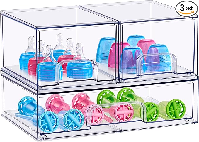 Sorbus Stackable Acrylic Storage Drawers – 2 Small + 1 Wide – 3 Pack Clear Plastic Organizer Bins for Baby Bottles, Makeup, B