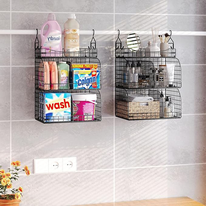 HapiRm Hanging Closet Organizer Storage - 3 Tier Metal Stackable Hanging Closet Shelves with Dividers and S Hooks, Foldable C