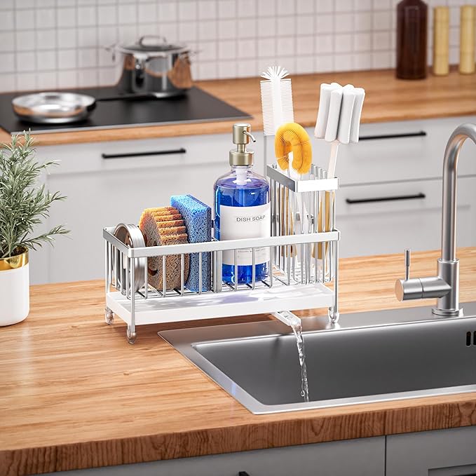 Cisily Sponge Holder for Kitchen Sink, Sink Caddy Organizer with High Brush Holder, Kitchen Countertop Organizers and Storage