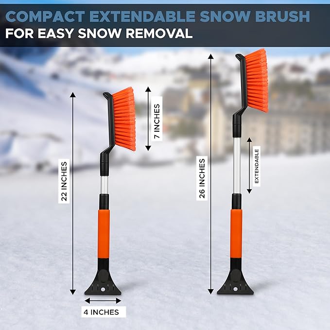 Extendable Snow Brush & Ice Scraper for Car Windshield | 26" Car Snow Brush with Ice Scraper | Extendable Snow Remover for Cars & SUVs | Snow Scraper for Car Windshield and Windows