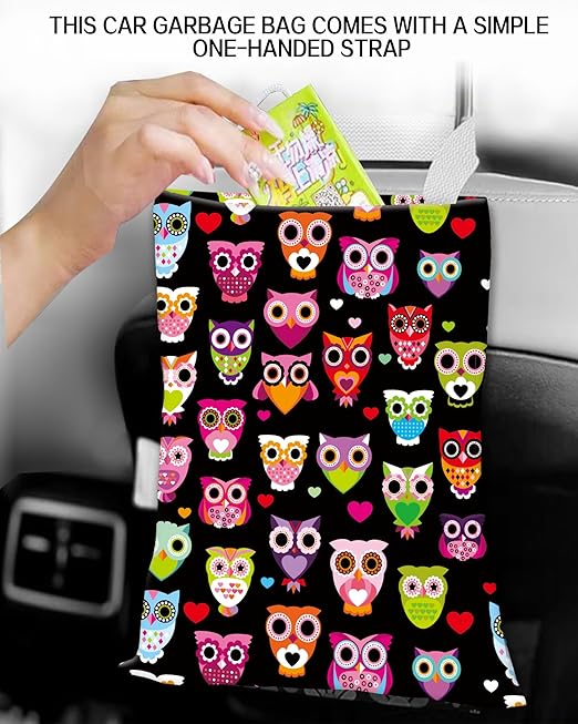 Car Garbage Can, Hanging Trash Can for Vehicle, Cute Back Seat Organizer with Colorful Owls