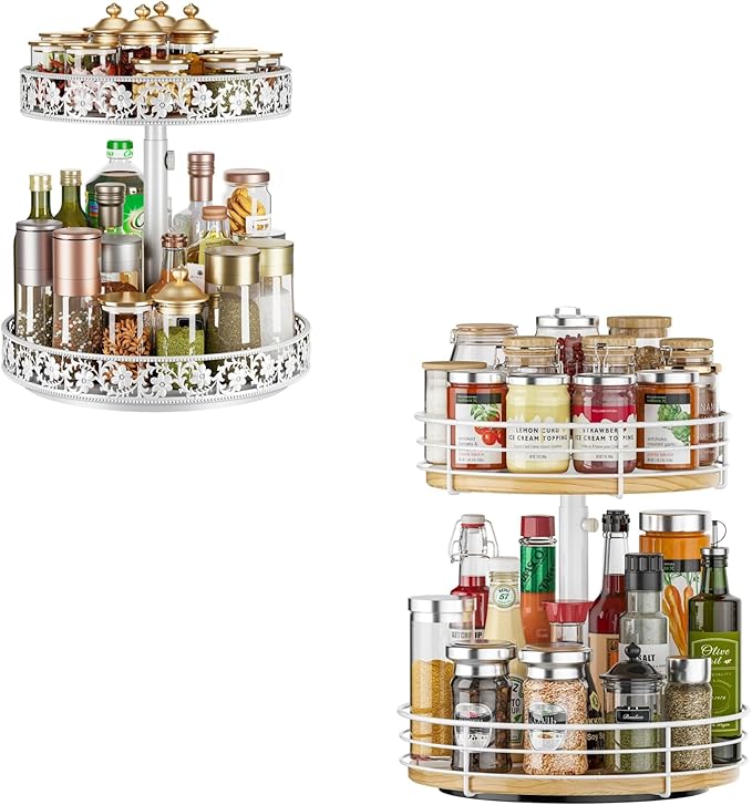 Two Tier Lazy Susan Metal, 2 Tier Wood Lazy Susan 12 Inch, Rotating Spice Rack Organizer for Cabinet Dining Table Top Kitchen