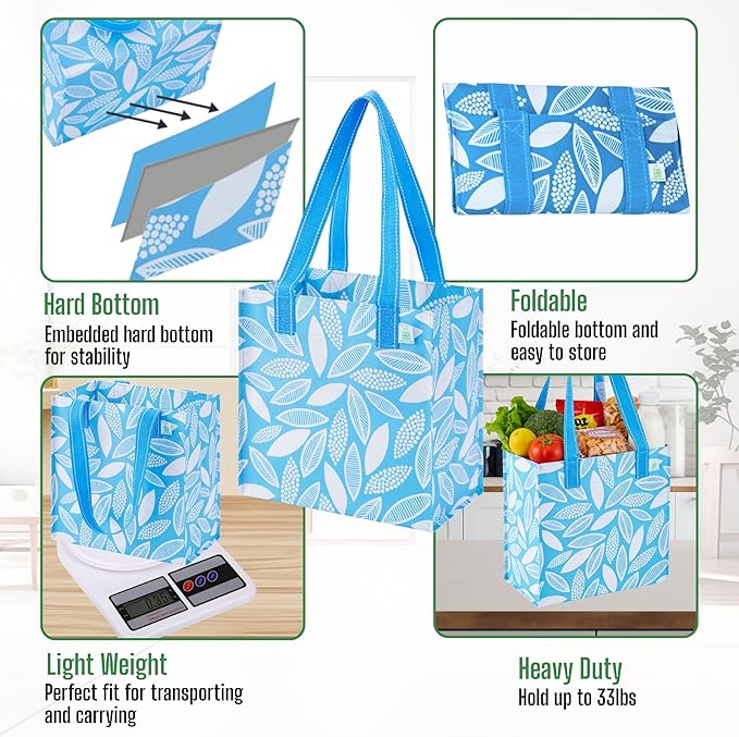 VENO 2-4 Pack Reusable Grocery shopping Bags, Medium Tote Bag w/Handle Hard Bottom, Heavy Duty, Foldable Carrier