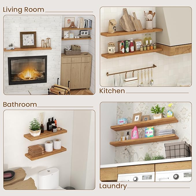 Floating Shelves for Wall, 18"Wx8"D Rustic Solid Elm Wood Floating Shelves Wall Mounted, Round Edge Wall Shelves with Invisib