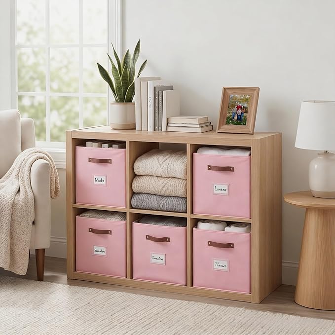 DECOMOMO Storage Bins, Cube Storage Bin with Labels, Fabric Storage Cubes for Shelves (10.5" x 11" / 6pcs, Pink)