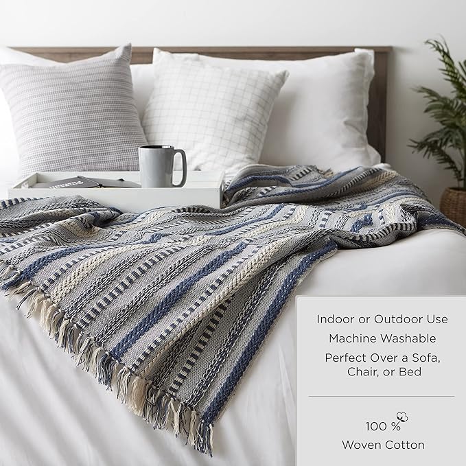 DII Modern Farmhouse Plaid Collection Cotton Fringe Throw Blanket, 50x60, White/Honey Gold