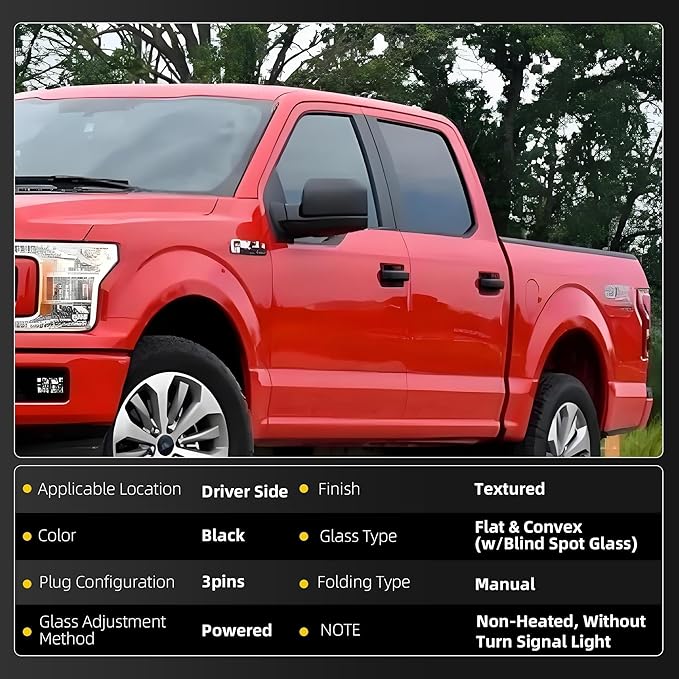 Dasbecan Left Driver Side Door Mirror Compatible with Ford F150 2015-2020 Non-Heated With Blind Spot glass Without Turn Signal Light Without Puddle Light Replace#FL3Z17683AK (3Pins) Black