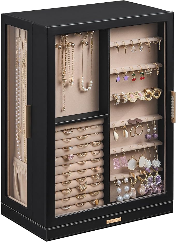 Glimmloop 360° Rotating Jewelry Box with 9 Drawers, Spacious Vertical Jewelry Organizer with Glass Window, Jewelry Storage Ca