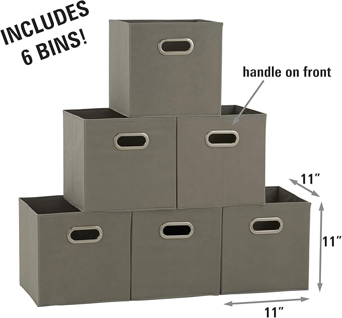 Household Essentials Fabric Storage Bins 6 Piece Set, Strong Poly-Woven Fabric, Sturdy Chipboard Sides, Grommet Front Handle,